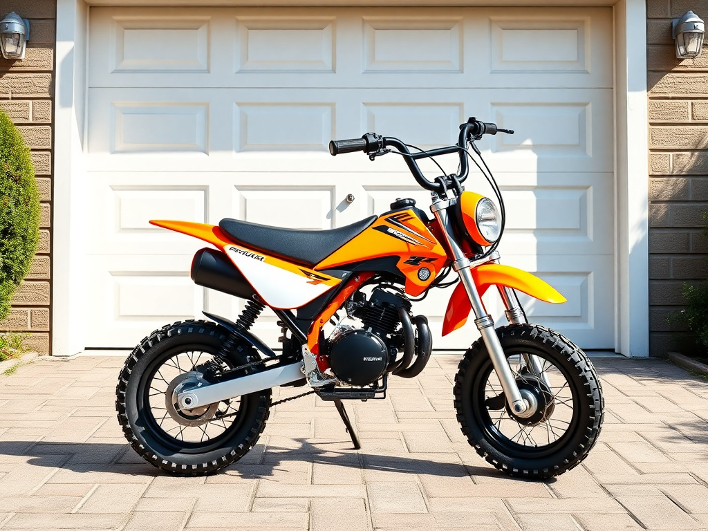 Small youth-size 50cc mini bike parked on a driveway