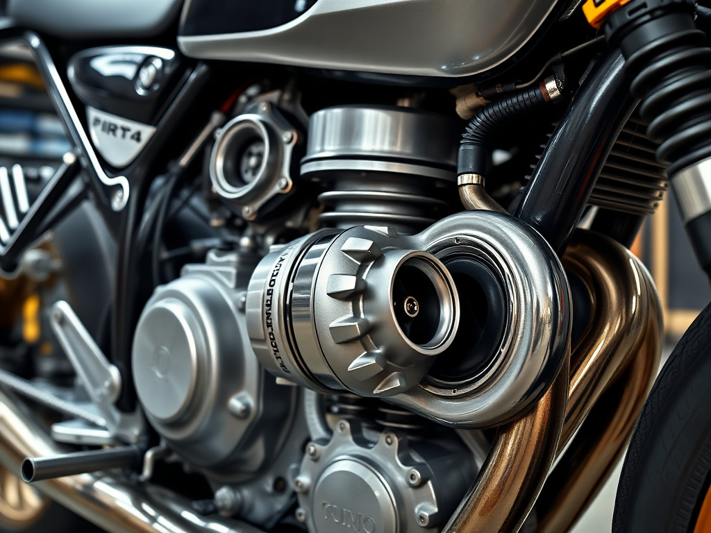Close-up of a mini bike engine bay with an aftermarket turbocharger installed