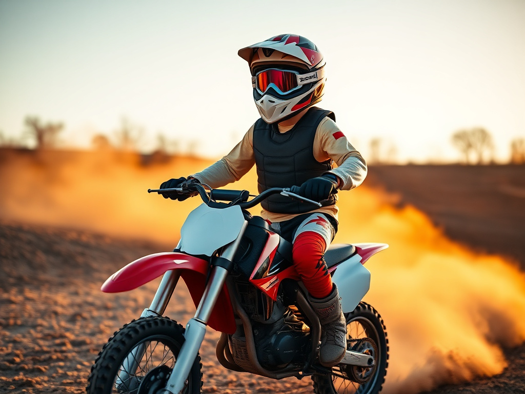 Teenager in full motocross safety gear riding a pit bike at a track at golden hour